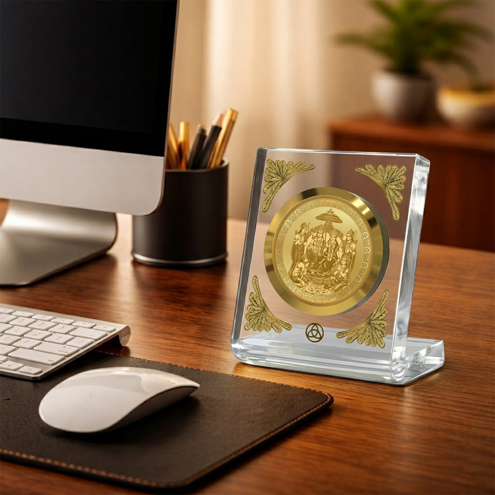 Ram Darbar 24K gold plated frame on a desk, enhancing workspace aesthetics with divine elegance.