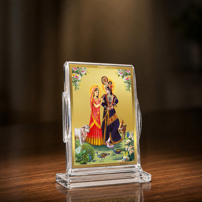 24K Gold-Plated Radha Krishna with Cow Acrylic Car Dashboard Frame | 11x7 CM
