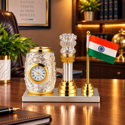 999 Silver-Plated Dual-Tone Ashoka Stambh Pen Stand | Premium Gift Box | 12x15 CM