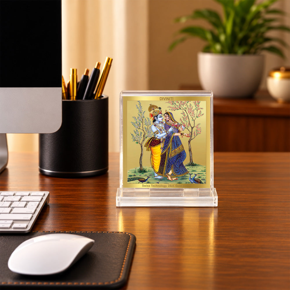24K Gold-Plated Radha Krishna with Peacock Acrylic Car Dashboard Frame | 6x5 CM