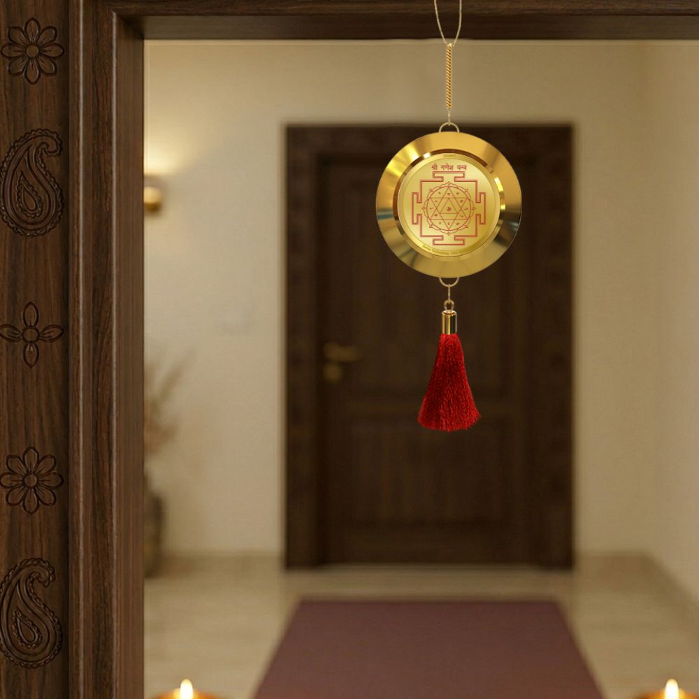 Diviniti 24K Gold Plated Double Sided Ganesha & Yantra Car Dangler|5.5 CM Ganesha Hanging Car Decor|Luxurious 24K Gold Plated Dangler For Car|Divine Car Accessories For Positive Energy & Protection