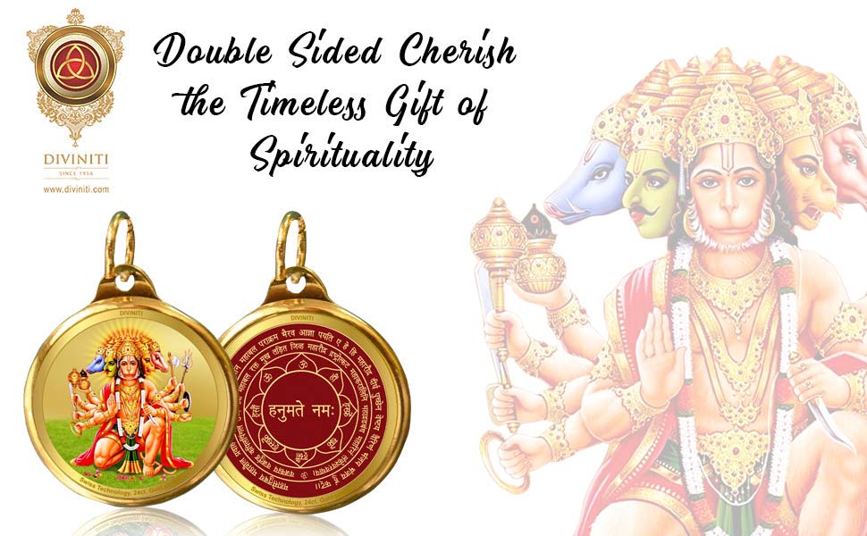 Diviniti 24K Gold Plated Lord Panchmukhi Hanuman & Yantra 28MM Double Sided Pendant For Men, Women & Kids
