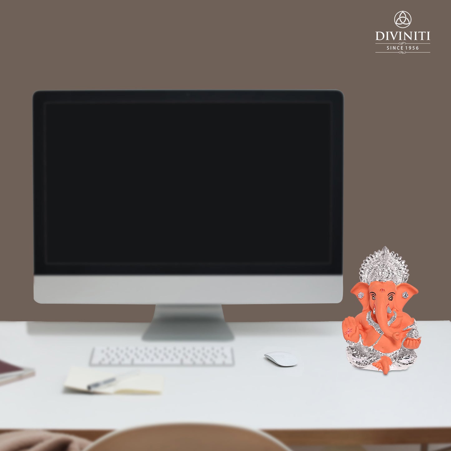 Diviniti 999 Silver Plated Lord Ganesha Idol for Car DashboardTabletop For Home Decor Mandir Puja Gift Terracotta Orange (8.4x4.2cm)