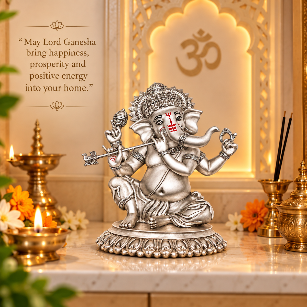 999 Silver-Plated Antique Bansuri Ganesha Idol | Gift Box | 16x14 CM