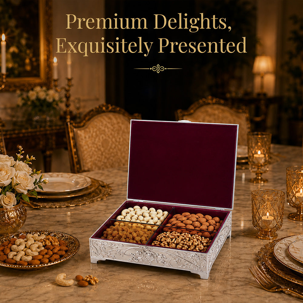 Diviniti German Silver Peacock Decorative Box 4-in-1 | Elegant White Finish Multipurpose Box with Luxury Gift Box