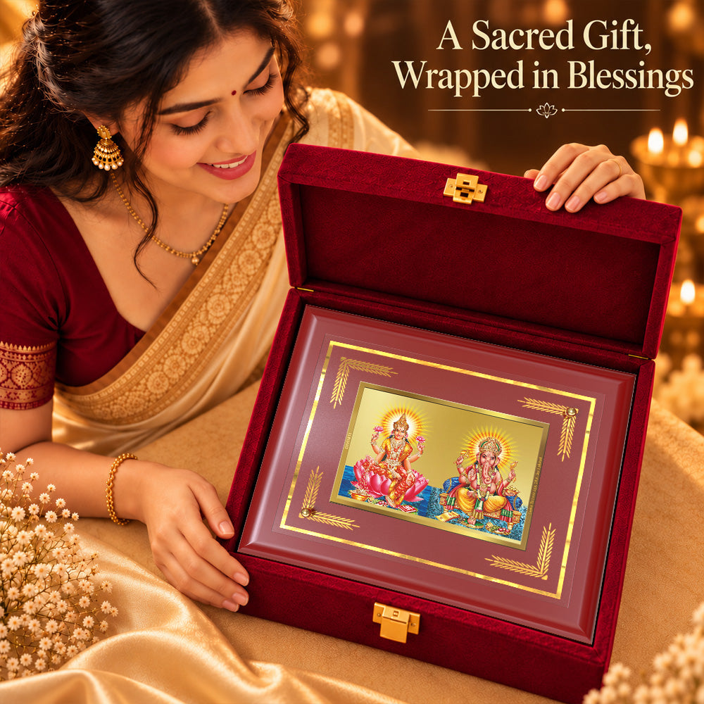 24K Gold-Plated Lakshmi Ganesha MDF Frame | Premium Gift Box | 35x27 CM