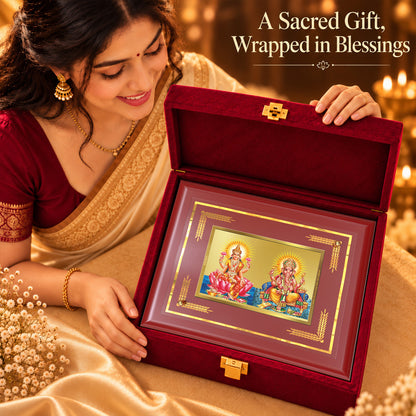 24K Gold-Plated Lakshmi Ganesha MDF Frame | Premium Gift Box | 35x27 CM