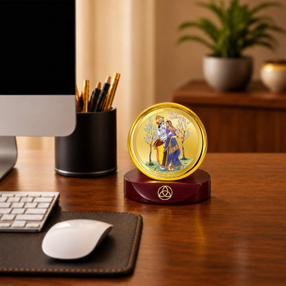 24K Gold-Plated Radha Krishna With Peacock Car Dashboard Frame | 5x5 CM