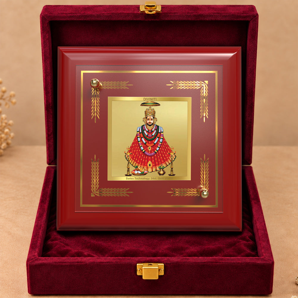 24K Gold-Plated Lord Khatu Shyam MDF Frame | Premium Gift Box | 10x10 CM