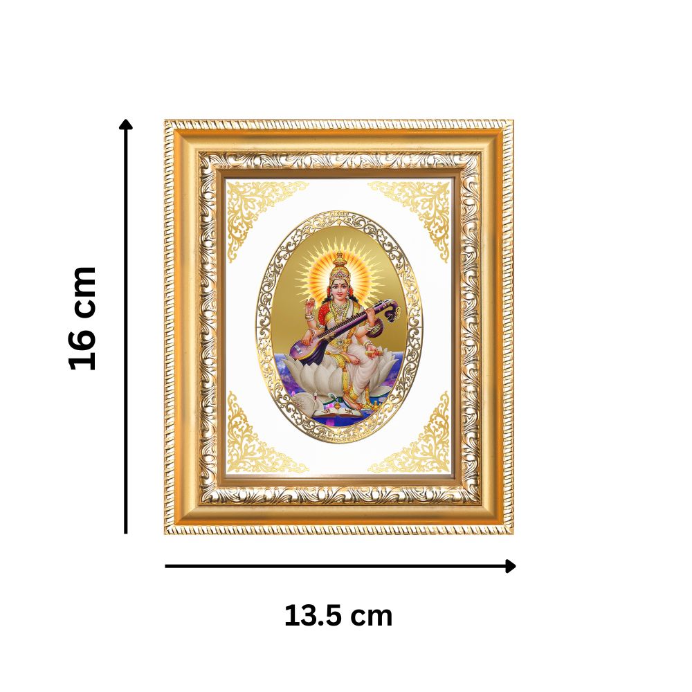 Goddess Saraswati Mata Divine Knowledge & Wisdom Sacred Royal Tabletop Frame in 24K Gold Plated Foil