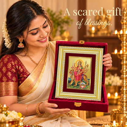 24K Gold-Plated Sherawali Mata with Pindi Frame | Premium Gift Box | 21.5x17.5 CM