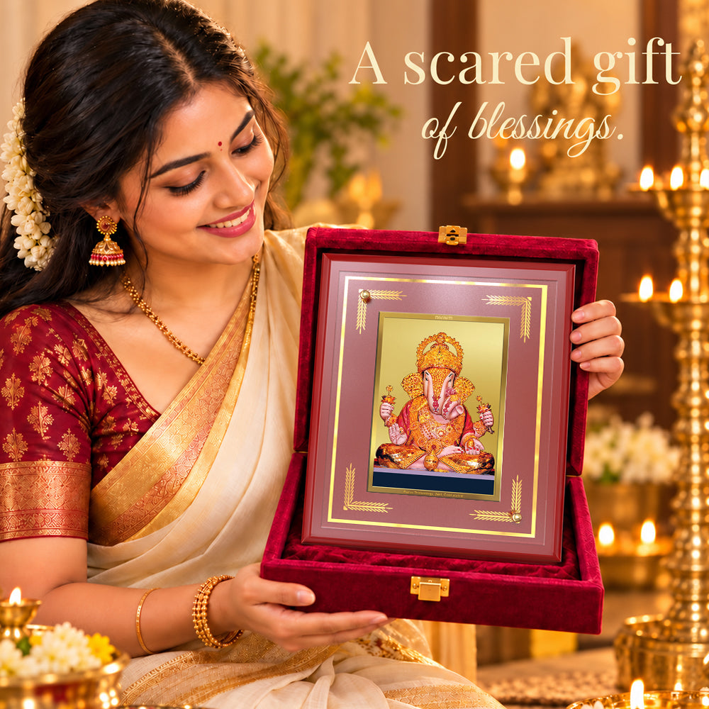 24K Gold-Plated Ganesha Dagadu Ganesha MDF Frame | Premium Gift Box | 26x20 CM