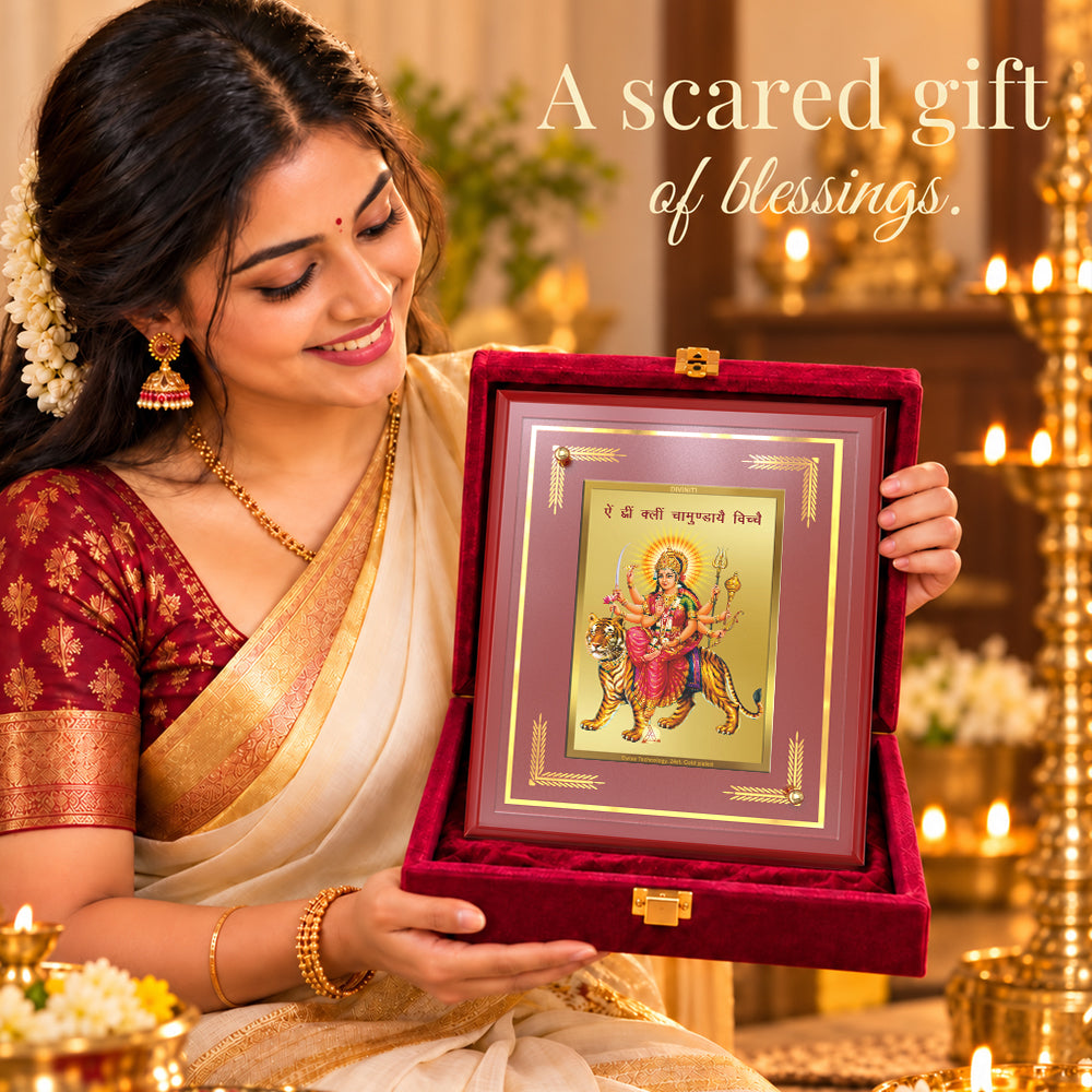 24K Gold-Plated Durga Ji MDF Frame | Premium Gift Box | 22 x18 CM