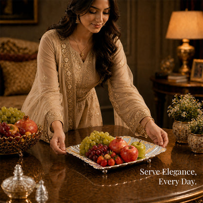 A woman serving fruits on the Diviniti Gold Accent German Silver Decorative Platter with luxury gift box.