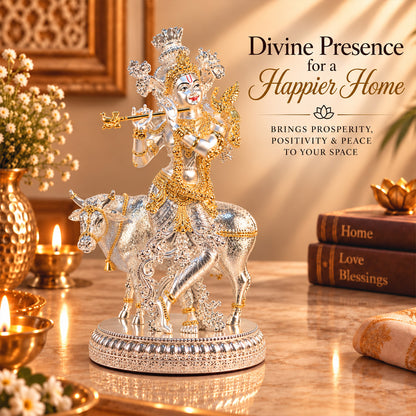 999 Silver-Plated Dual-Tone Lord Krishna with Cow Idol | Premium Gift Box | 26x15 CM