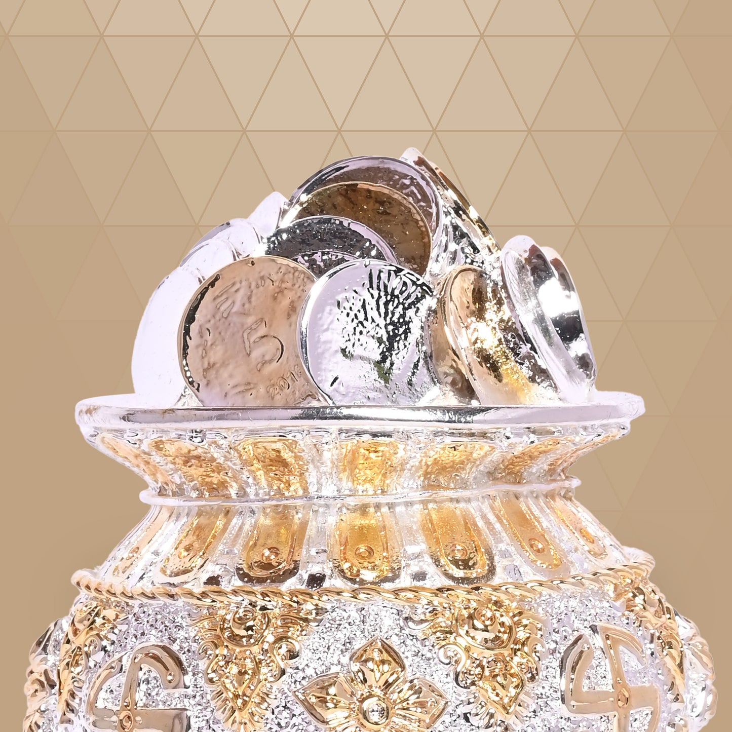 DIVINITI Auspicious Coin Kuber Kalash Pooja Lota with Swastik Embossed with Engraved Neck Design, for Pujan Worship Temple Home (11x9 CM)