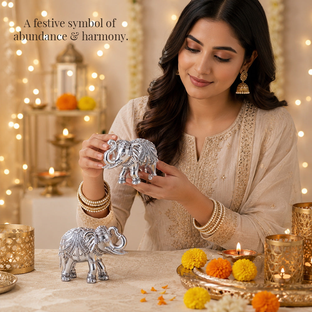 Diviniti 999 Silver Plated Antique Elephant Pair Showpiece for Home Décor With Gift Box