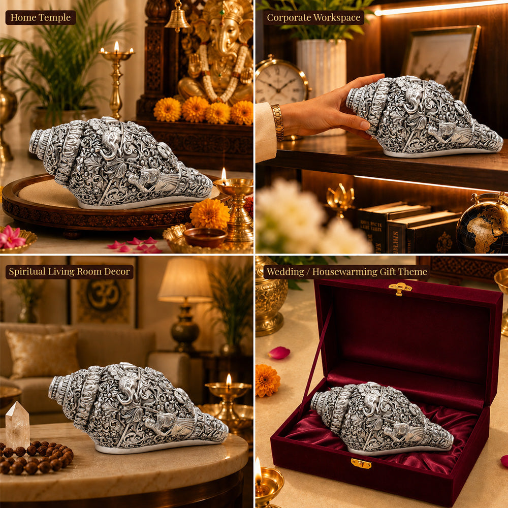 999 Silver-Plated Antique Ganesha Shankh | Premium Gift Box | 14x8 CM