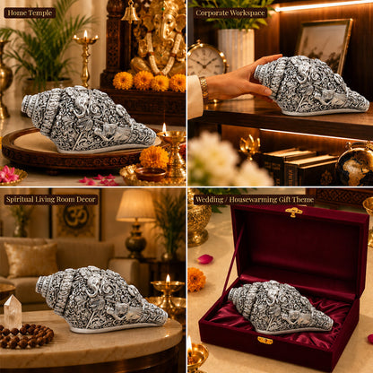 999 Silver-Plated Antique Ganesha Shankh | Premium Gift Box | 14x8 CM