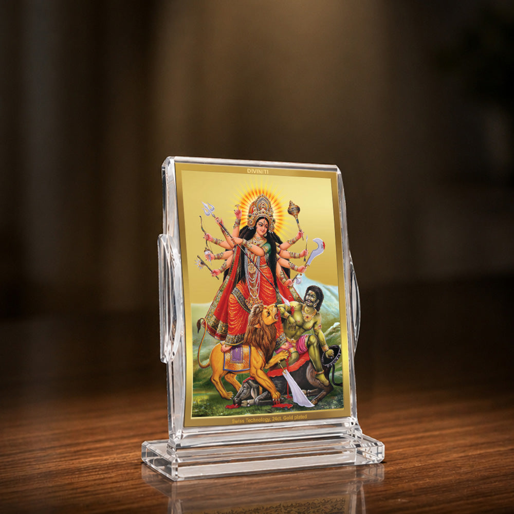 24K Gold-Plated Durga Mahishasura Mardini Acrylic Car Dashboard Frame | 11x7 CM