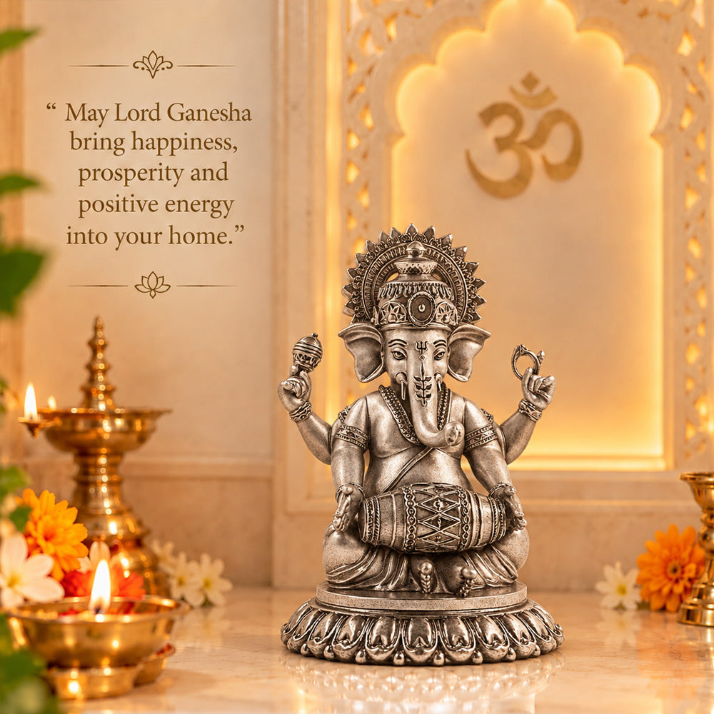 999 Silver-Plated Antique Dholak Ganesha Idol | Premium Gift Box | 15x12 CM