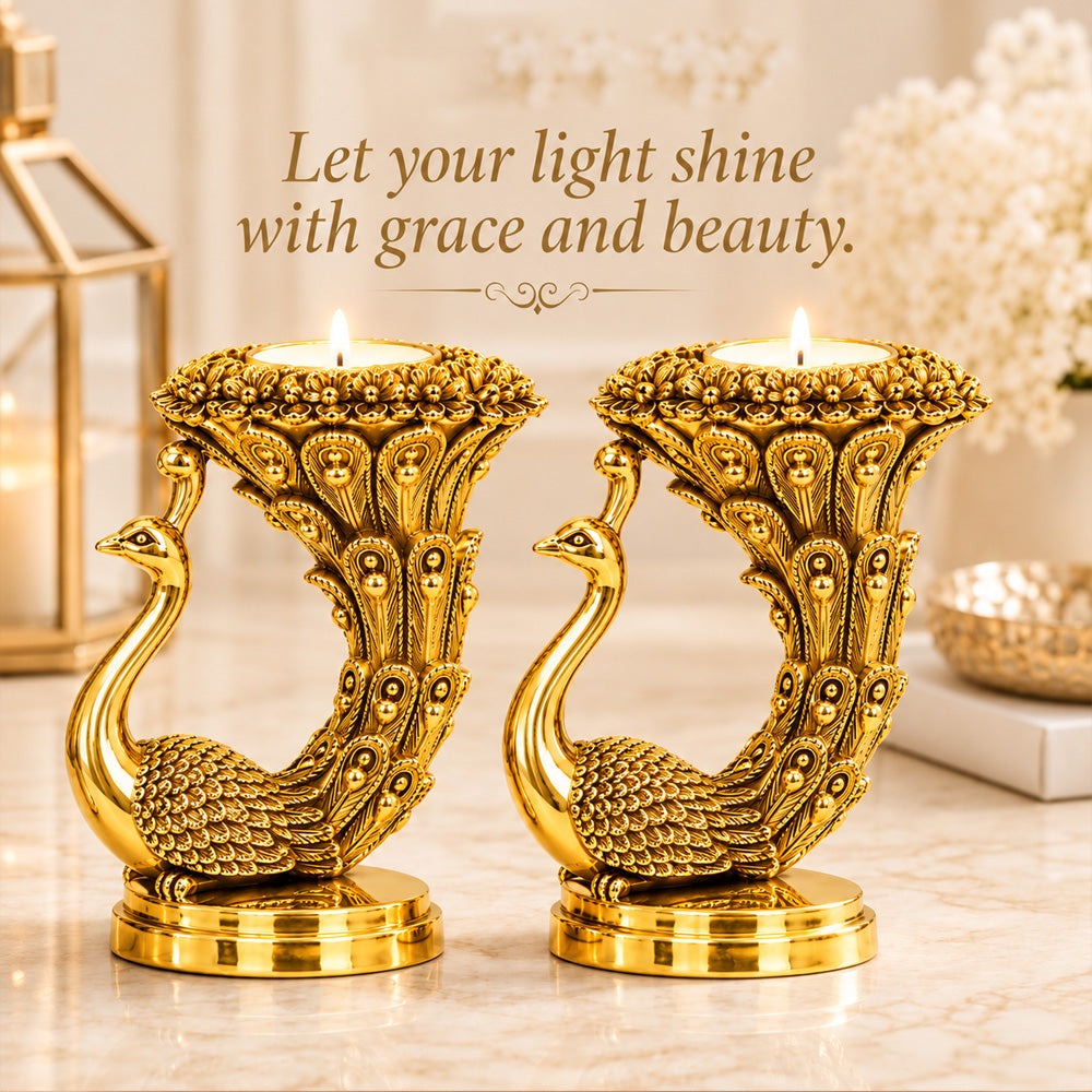 999 Gold-Plated Peacock Candle Holder Pair | Premium Gift Box | 10x8 CM