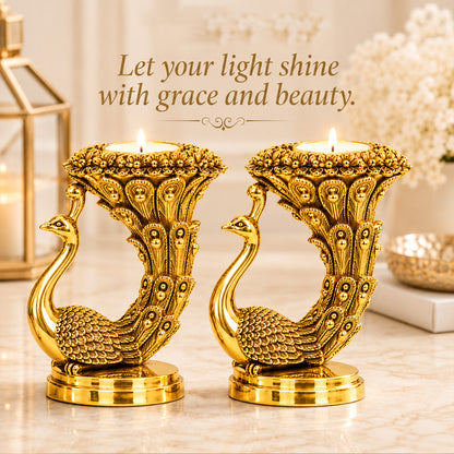 999 Gold-Plated Peacock Candle Holder Pair | Premium Gift Box | 10x8 CM