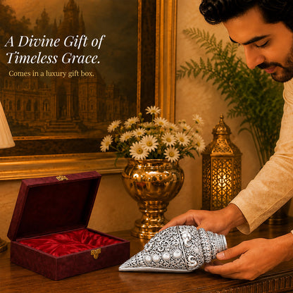 999 Silver-Plated Ganesha Shankh | Premium Gift Box | 12x6 CM