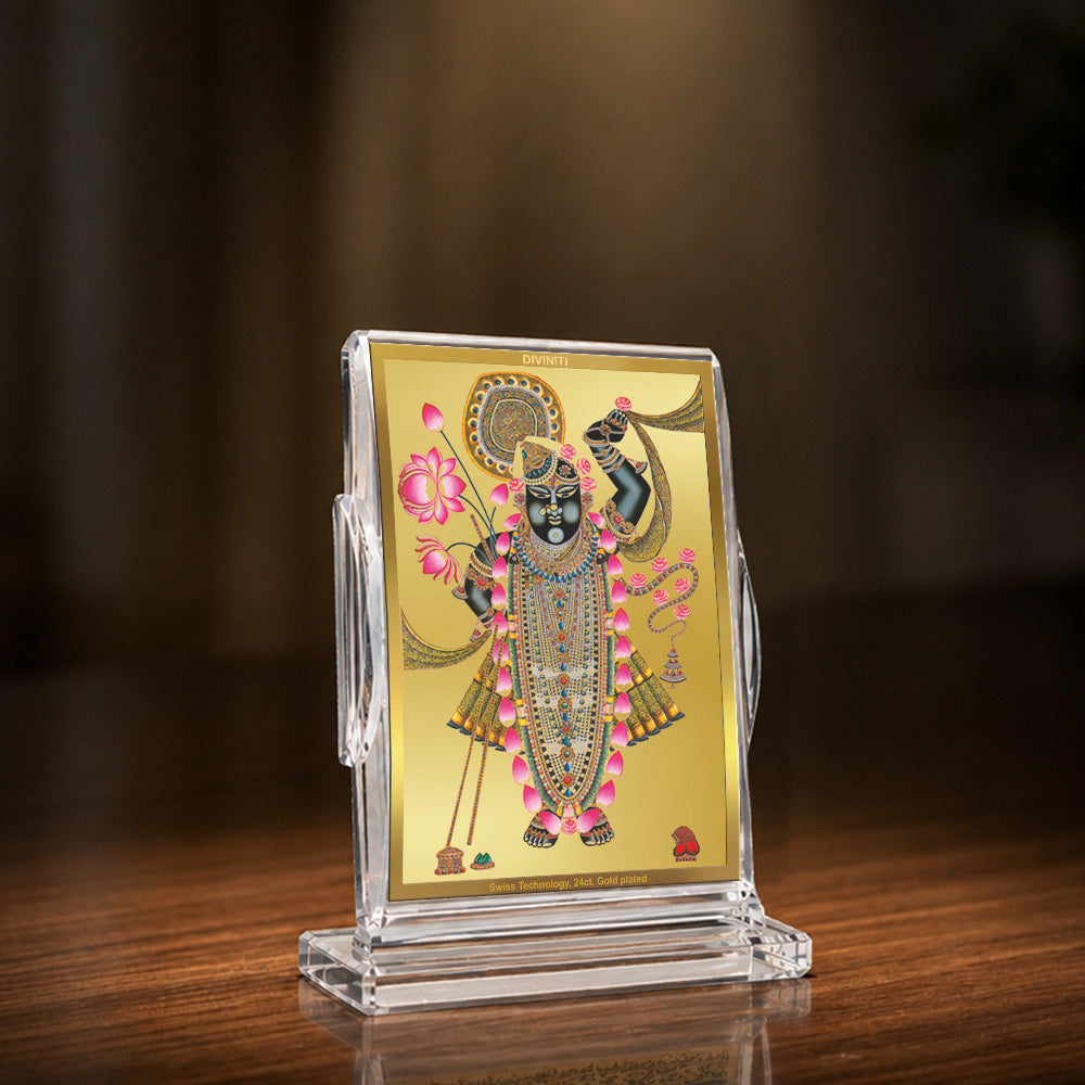 24K Gold-Plated Lord Shrinath Ji Acrylic Car Dashboard Frame | 11x7 CM