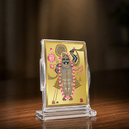 24K Gold-Plated Lord Shrinath Ji Acrylic Car Dashboard Frame | 11x7 CM