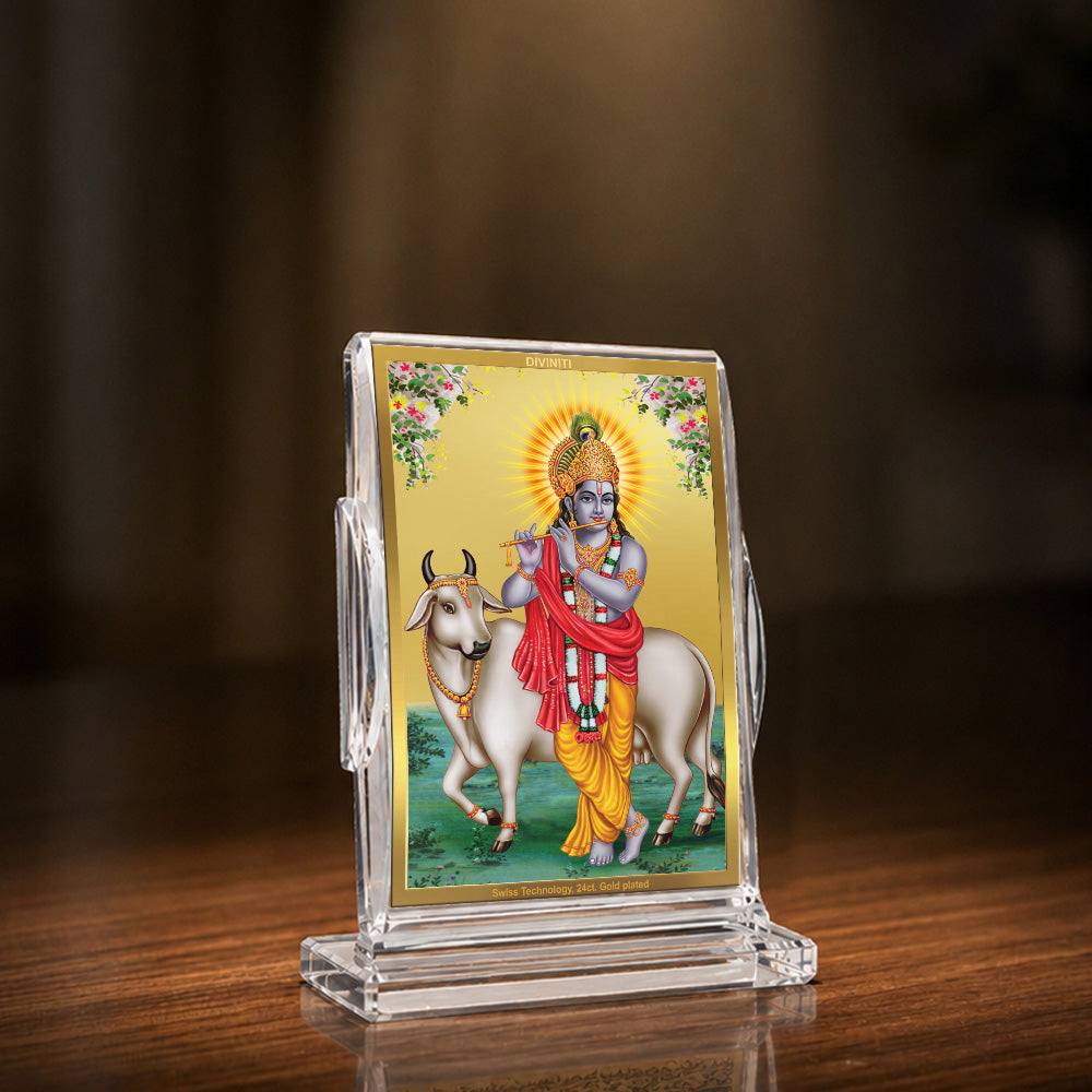 24K Gold-Plated Krishna with Surbhi Cow Acrylic Car Dashboard Frame | 11x7 CM