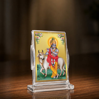 24K Gold-Plated Krishna with Surbhi Cow Acrylic Car Dashboard Frame | 11x7 CM