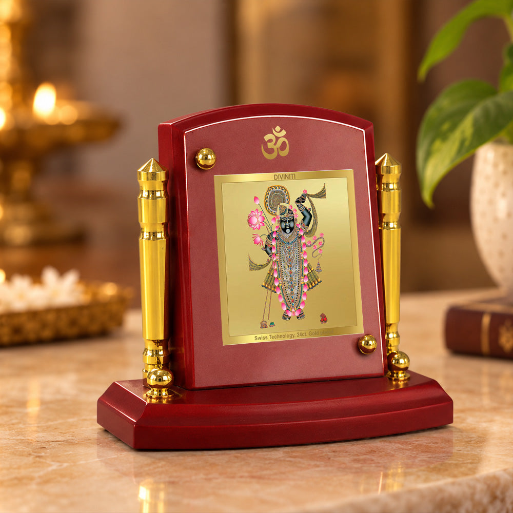 24K Gold-Plated Lord Shrinath Ji MDF Car Dashboard Frame | 7.5x9 CM