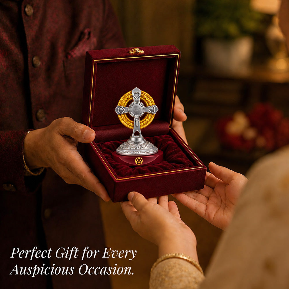 24K Gold & Silver-Plated Holy Cross Resin Idol for Home & Office | Premium Gift Box | 8.5x6.5 CM