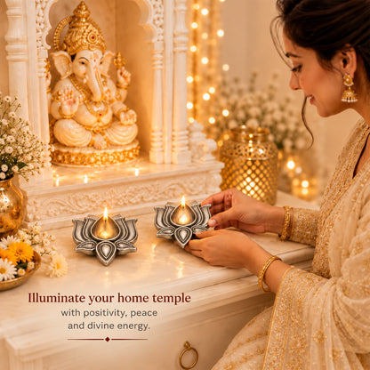 999 Silver-Plated Antique Lotus Diya Pair | Premium Gift Box | 8x8 CM