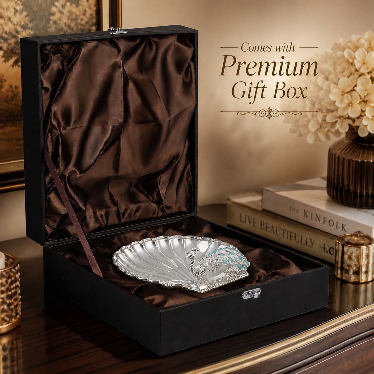Diviniti Peacock German Silver Dry Fruit Bowl with Gift Box displayed in a luxury gift box, showcasing elegance and sophistication.