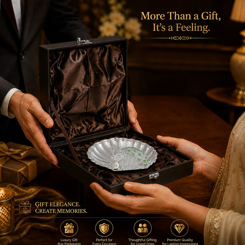 Diviniti Green Peacock German Silver Dry Fruit Bowl with Gift Box presented elegantly, showing intricate design and luxury.