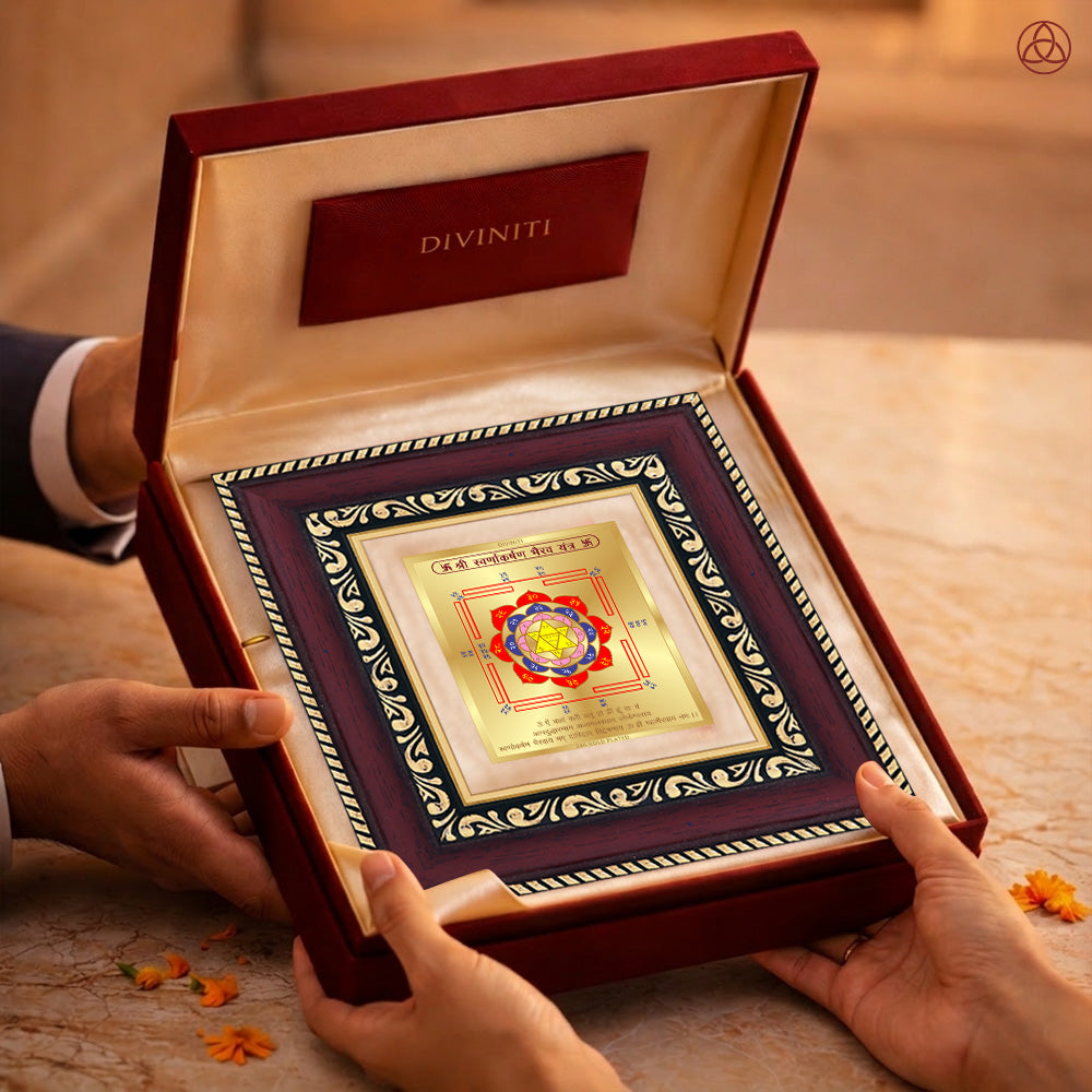 Swarn Akarshan Yantra presented in an elegant box, showcasing sacred planetary symbols, perfect for harmony and prosperity.