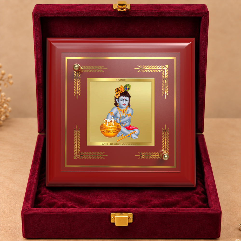 24K Gold-Plated Krishna Bal Gopal MDF Frame | Premium Gift Box | 10x10 CM