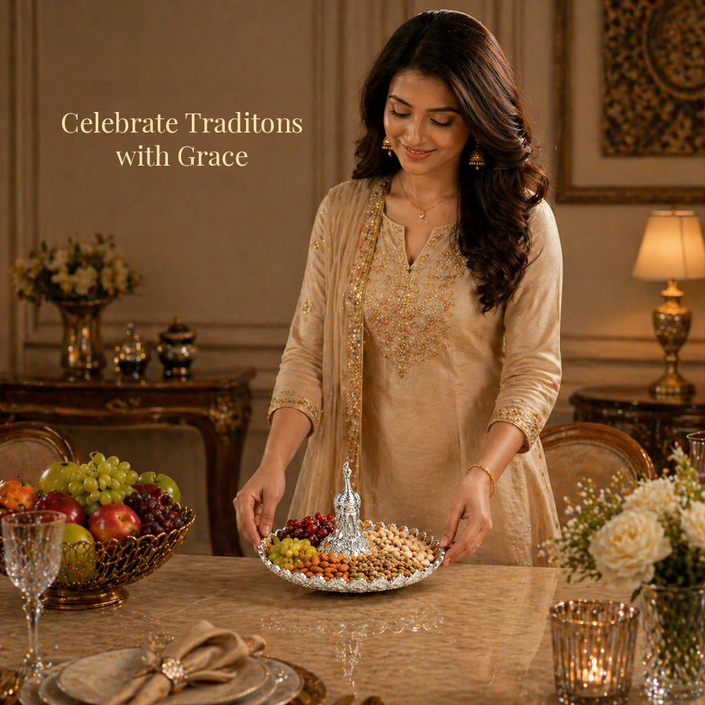 Diviniti Amber Peacock German Silver Platter showcased with fruits for elegant celebrations.