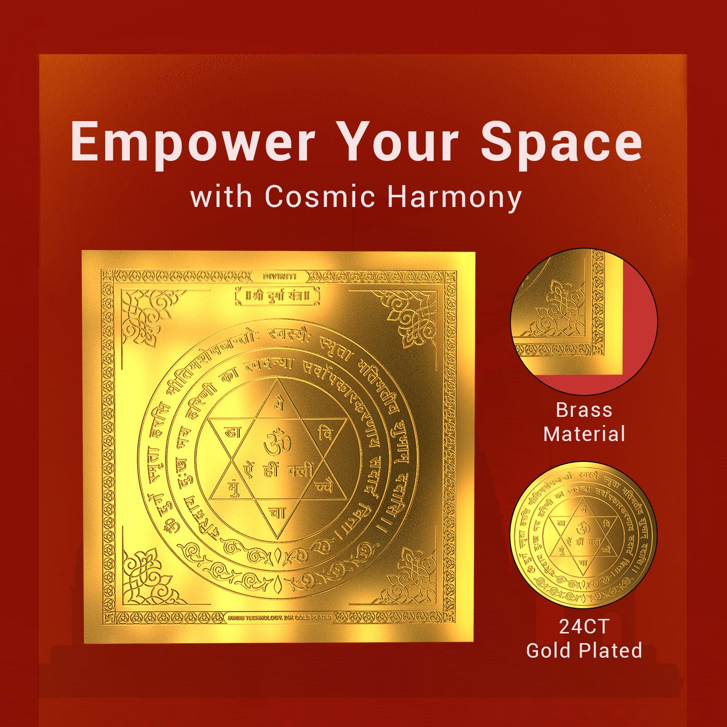 Diviniti 24K Gold Plated Goddess Durga Energized Yantra Perfect For Home, Office & Gift (15.5x15.5 CM)