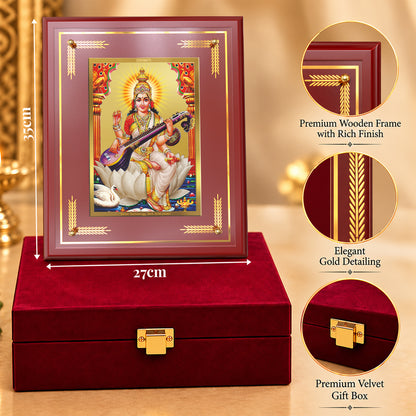 24K Gold-Plated Goddess Saraswati MDF Frame | Premium Gift Box | 27x35 CM