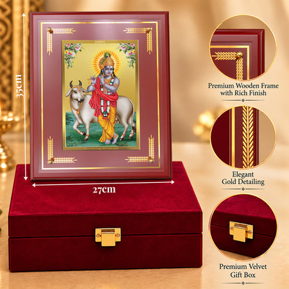 24K Gold-Plated Lord Krishna with Surbhi Cow MDF Frame | Premium Gift Box | 27x35 CM