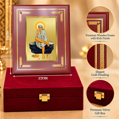 24K Gold-Plated Sai Baba MDF Frame | Premium Gift Box | 27x35 CM