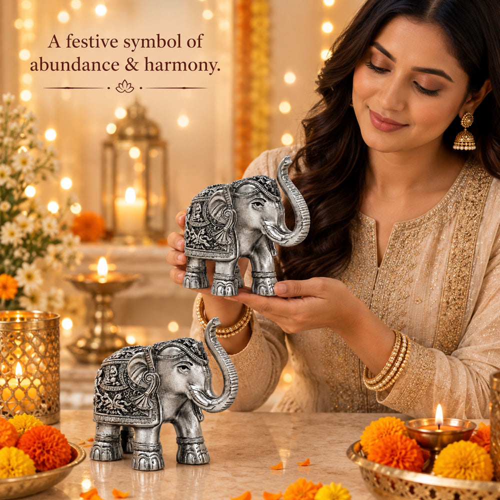 999 Silver-Plated Antique Elephant Pair | Premium Gift Box | 15x17 CM