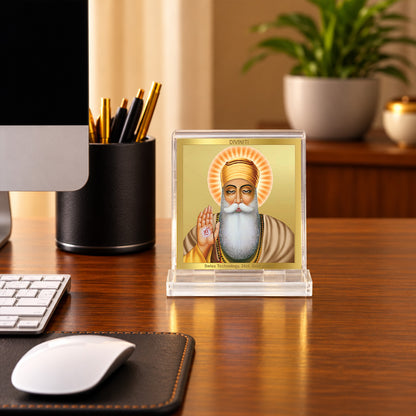 24K Gold-Plated Guru Nanak Dev Ji Acrylic Car Dashboard Frame | 6x5 CM