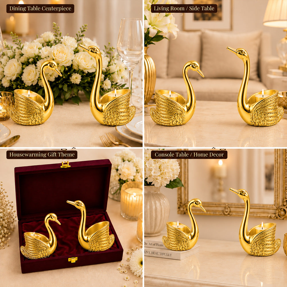 999 Gold-Plated Swan Candle Stand Pair | Premium Gift Box | 12x10 CM