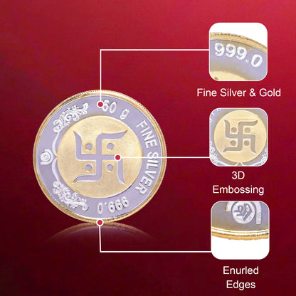 DIVINITI Pure Silver Coin with 24K Gold Plated Laxmi Ganesh & Swastik Exquisite Emblem of Wealth and Blessings for Home & Office Décor, Puja Room Diwali Gift (50g)