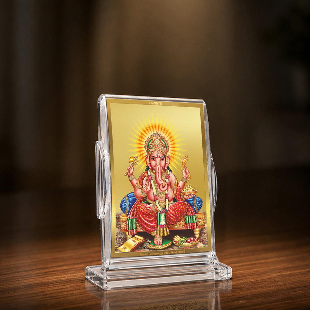 24K Gold-Plated Lord Ganesha Acrylic Car Dashboard Frame | 11x7 CM