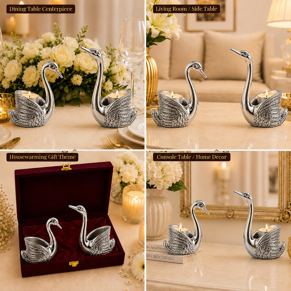 999 Silver-Plated Antique Swan Candle Stand Pair | Premium Gift Box | 12x10 CM